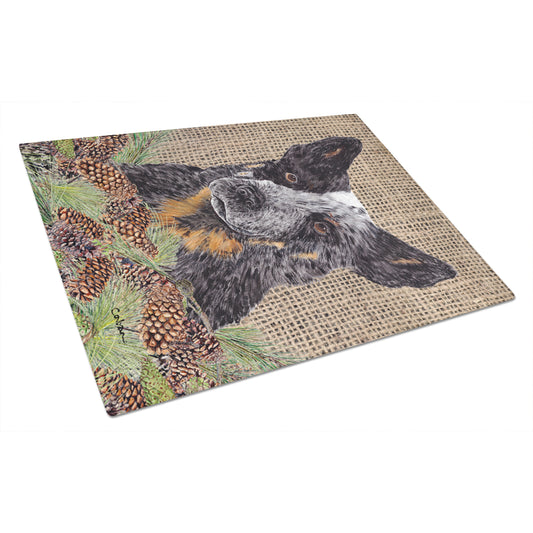 Carolines Treasures SC9050LCB Australian Cattle Dog Faux Burlap and Pine cones Glass Cutting Board Large, 12H x 16W,