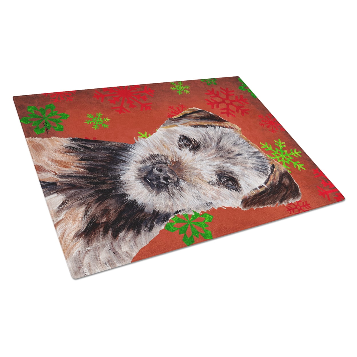 Carolines Treasures SC9759LCB Norfolk Terrier Puppy Red Snowflakes Holiday Glass Cutting Board Large, 12H x 16W,