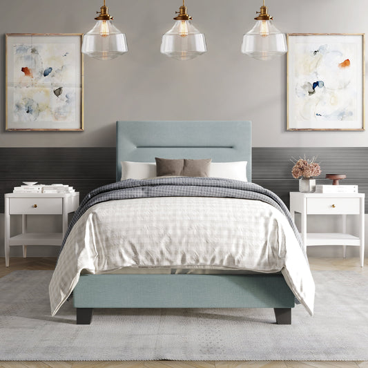 Castle Place Simple Linen Upholstered Twin Bed, Light Blue