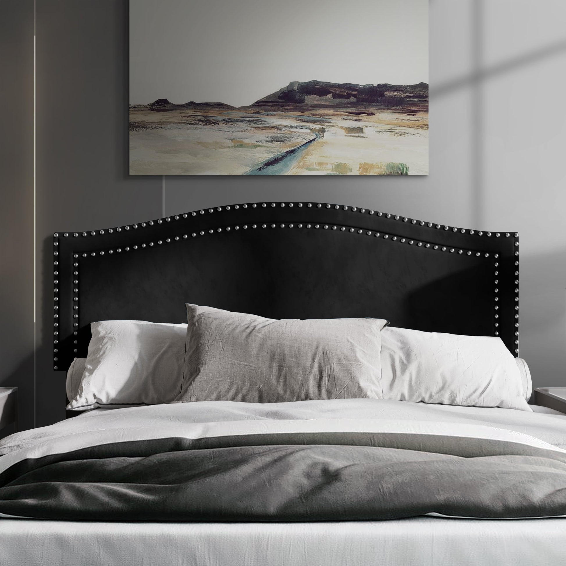 Castle Place Upholstered Nailhead Trimmed Headboard, Navy Blue Velvet, Full