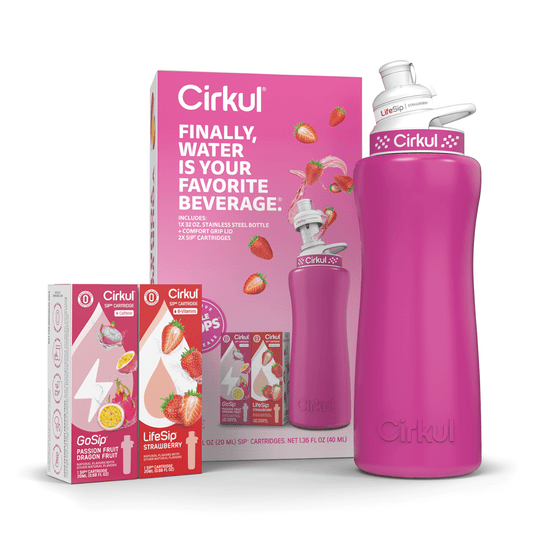 Cirkul 32oz Pink Stainless Steel Starter Kit with Pink & White Cirkul Lid 2.0 and 2 Flavor Cartridges (Strawberry & Passion Fruit Dragon Fruit)