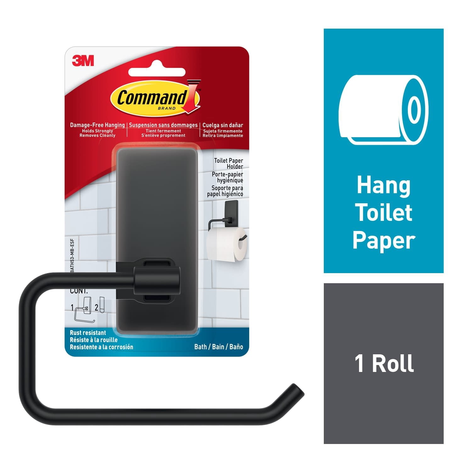 Command Bath Matte Black Toilet Paper Holder, 1 Toilet Paper Holder, 2 Strips
