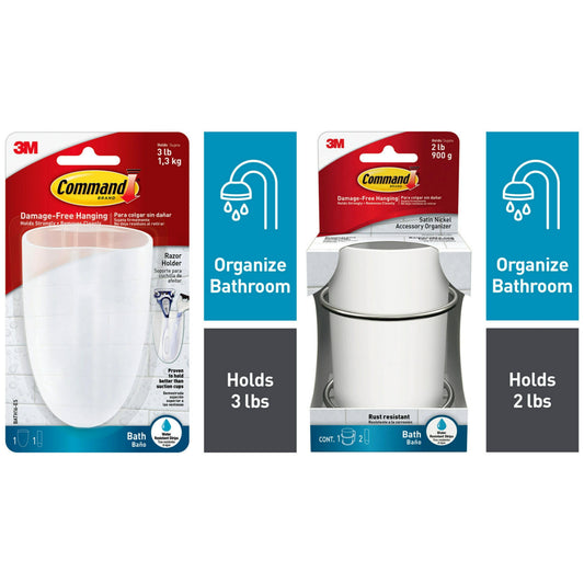 Command Bath White & Satin Nickel Accessory Toothbrush Organizer, 1 Organizer and Command Razor Holder, Frosted, Medium, 1 Holder