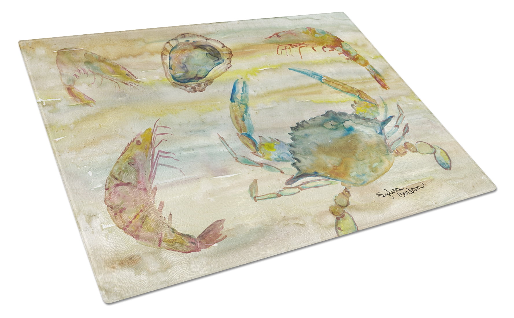 Crab, Shrimp, Oyster Yellow Sky Glass Cutting Board Large