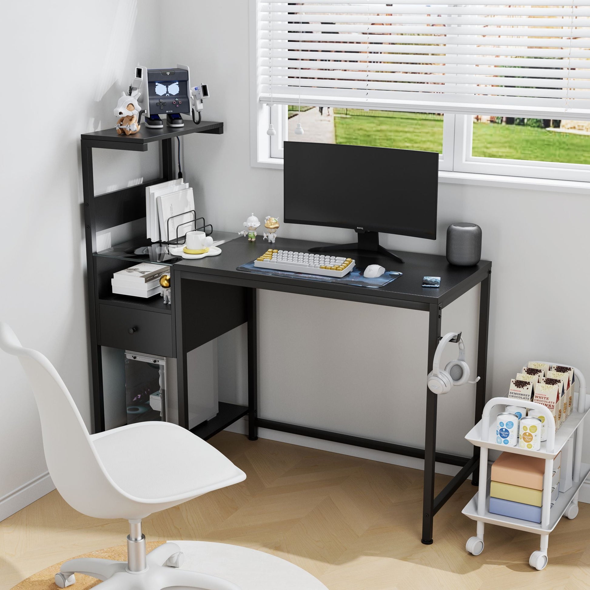 DEALTOPS Computer Desk with LED Lights, Gaming Desk with Reversible Shelves and Charging Station, Black