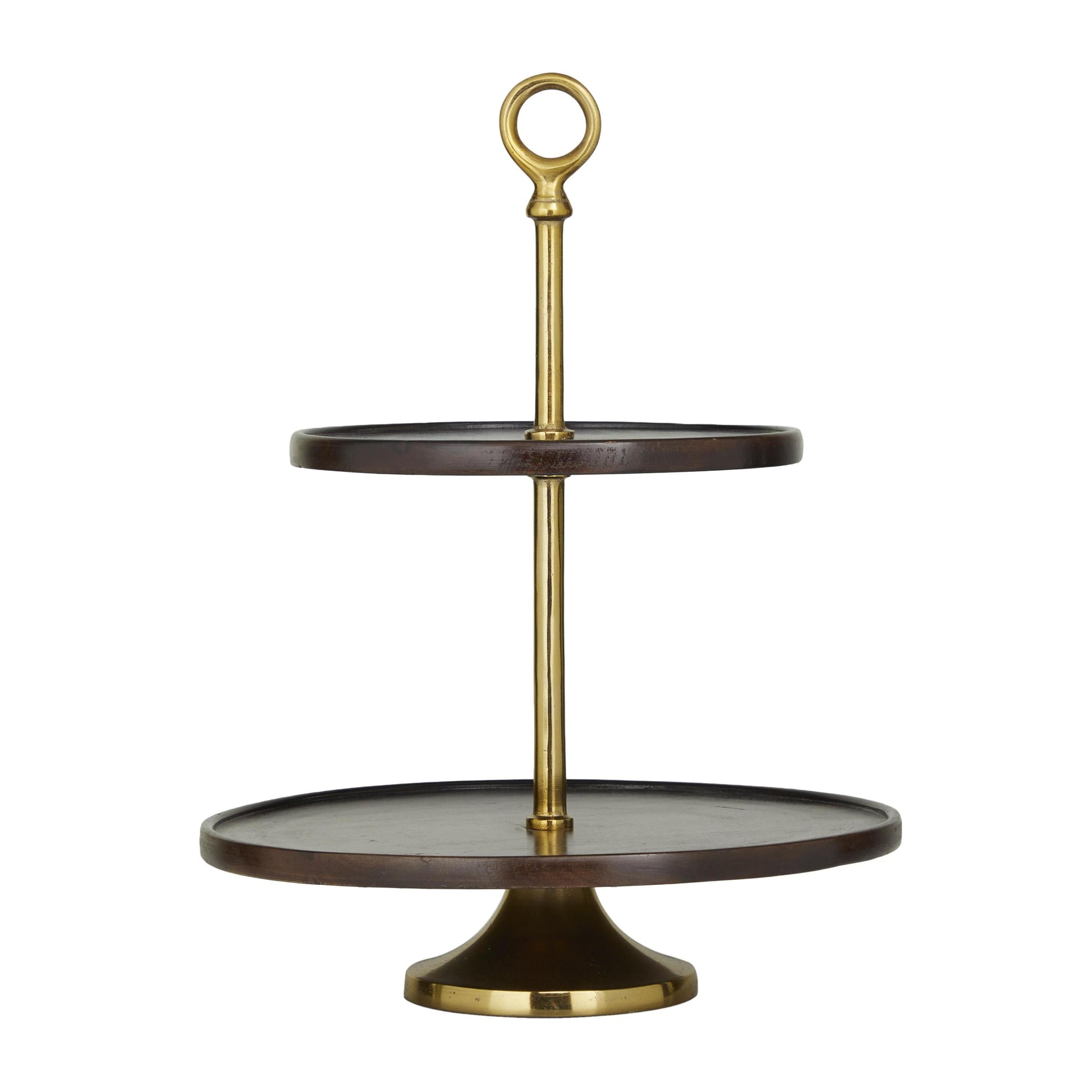 DecMode 14" x 18" Dark Brown Mango Wood 2 Tiered Server with Gold Stand, 1-Piece