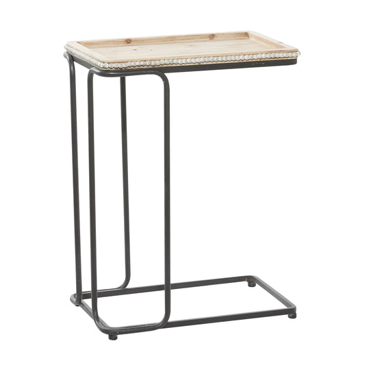 DecMode Iron Industrial C Shaped Side Table with Bead Accents 20"W x 26"H, Cream/White Wooden Finish and Black Metallic Frame