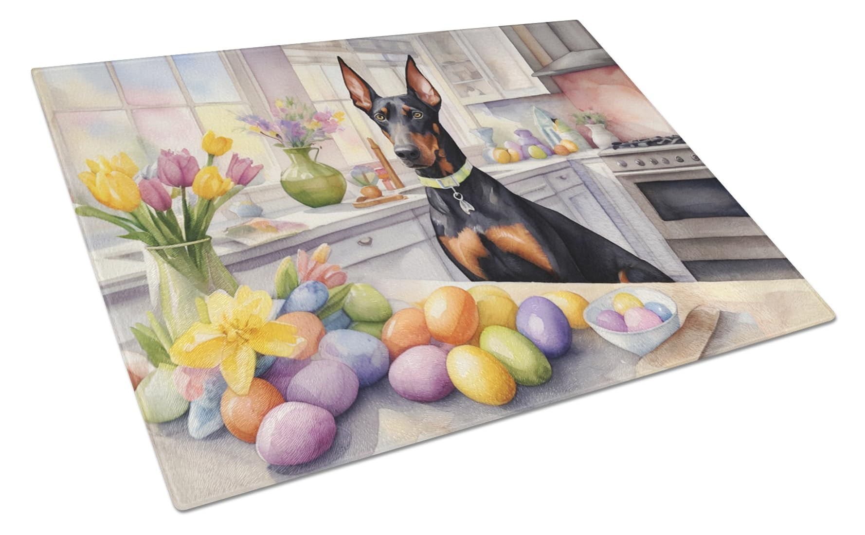 Decorating Easter Doberman Pinscher Glass Cutting Board 12 in x 15 in