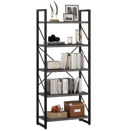 Dextrus 5-Tier Industrial Ladder Freestanding Bookcase with Open Storage Shelves, Gray & Black