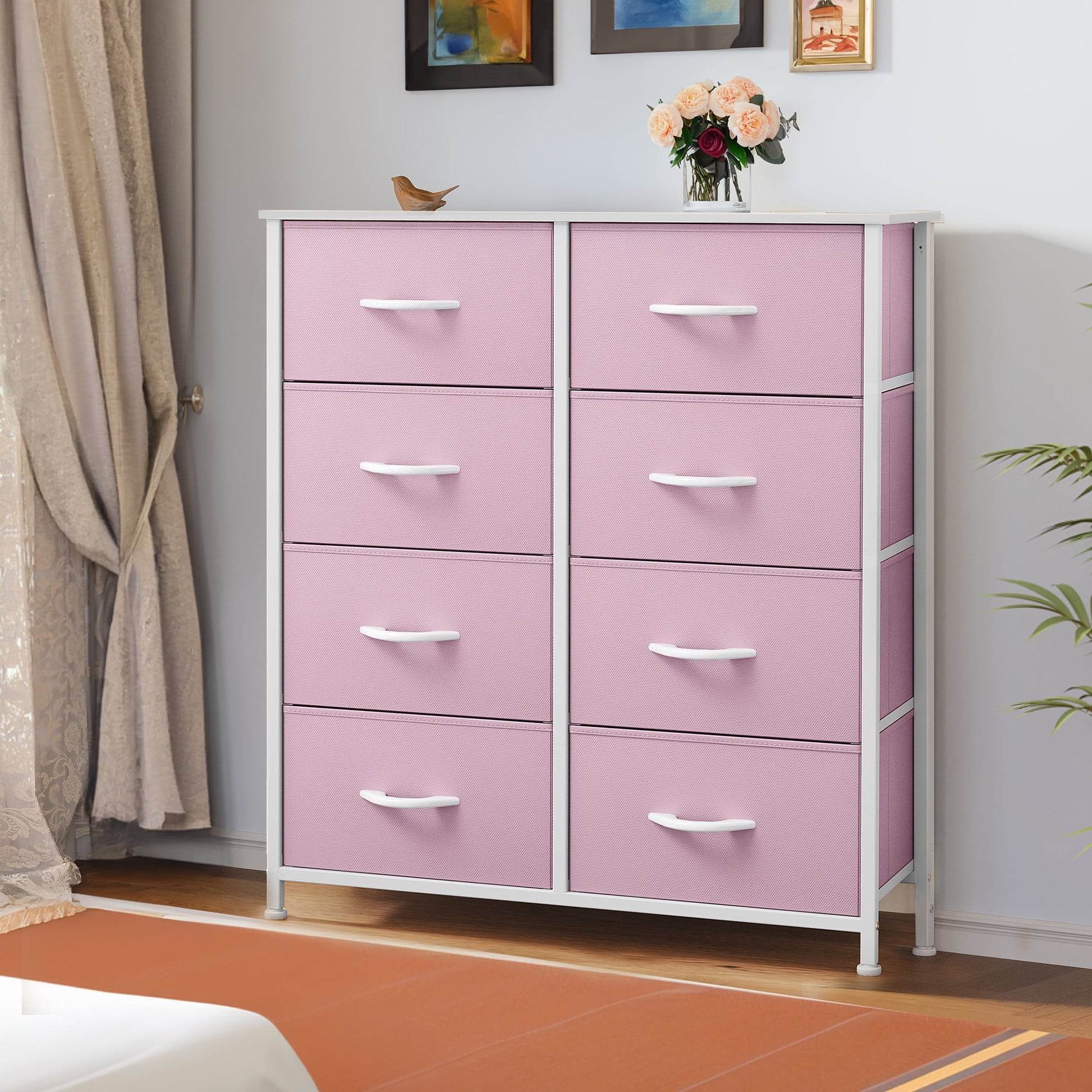 DEXTRUS Fabric Dresser for Adults, Tall 8-Drawer Storage Organizer for Bedroom, Pink