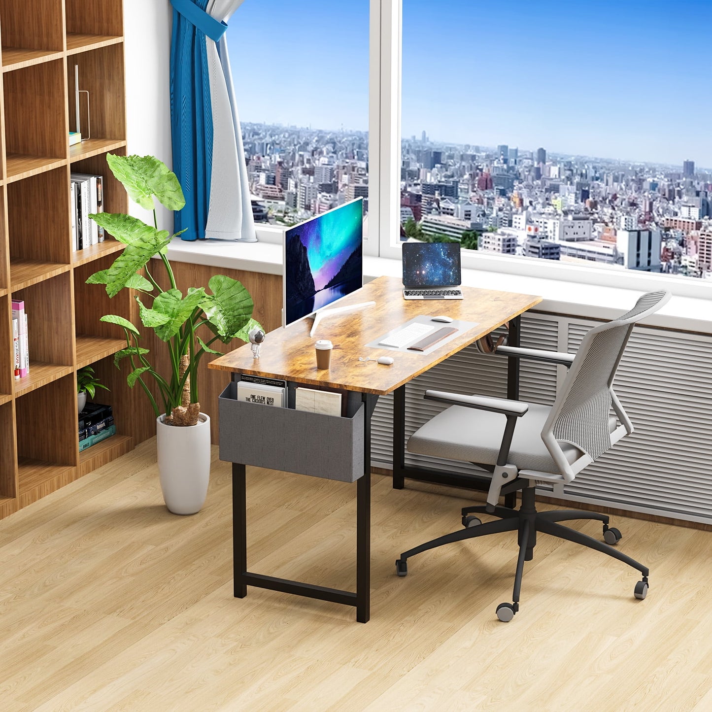 MAYEERTY 47 Inch Writing Desk with Fabric Drawers & Storage Bag, Modern Home Office Desk,Rustic
