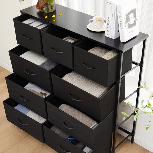 MAYEERTY Fabric Dresser with 9 Drawers for Storage and Organization, 39.4 Inch Tall Chest of Dresser, Black