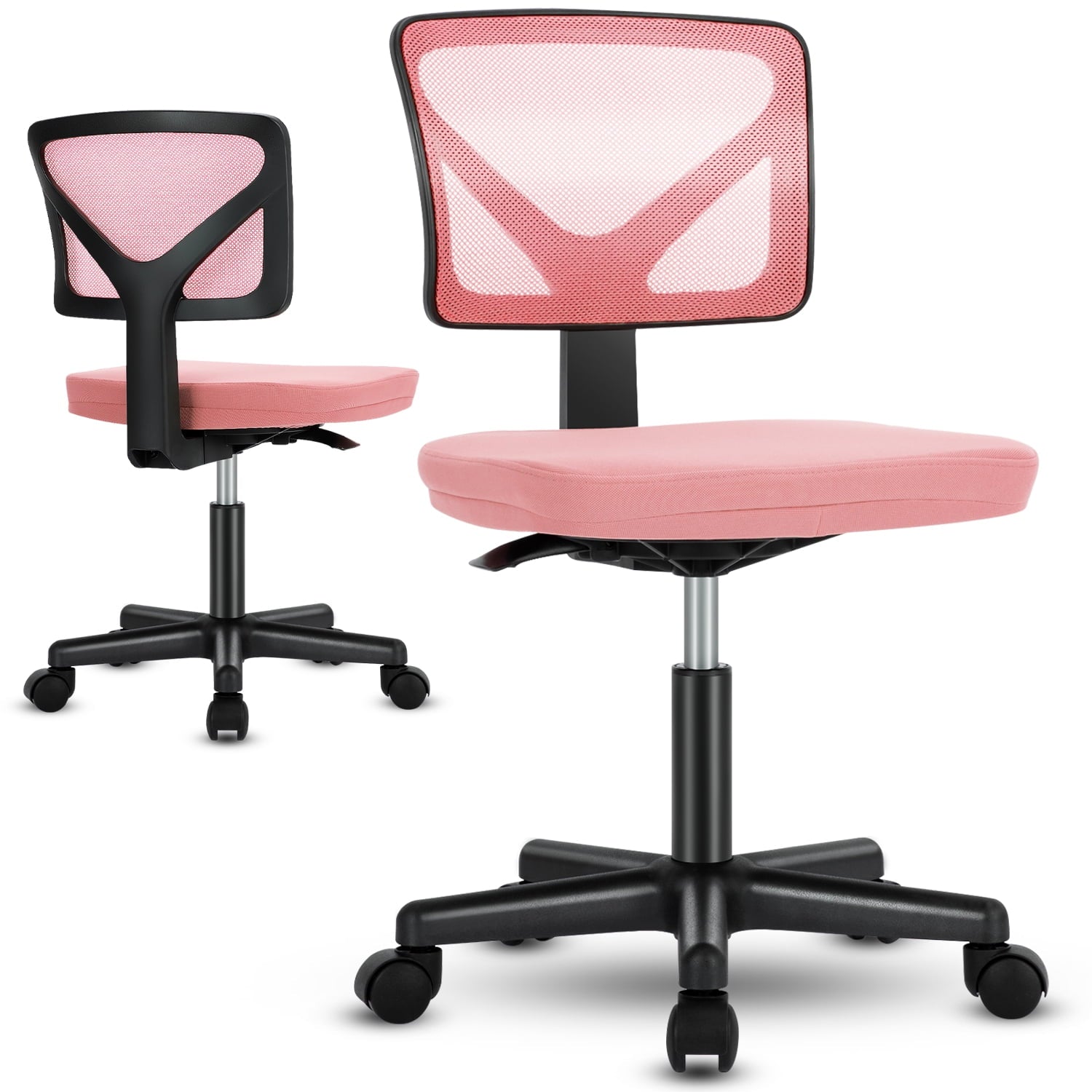MAYEERTY Home Office Desk Chair, Armless Mesh Computer Chair Small Space Swivel Adjustable Low Back Task Chair for Teens/Adults, Pink