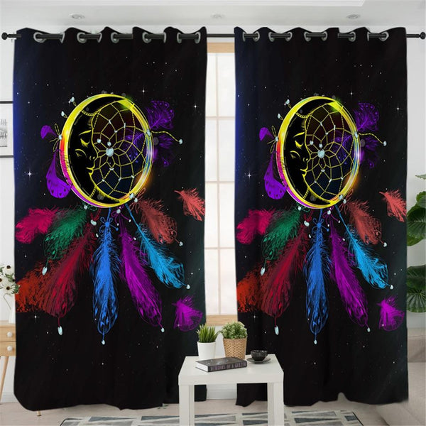 Dreamcatcher Colorful Feathers Black Native American Design Window Living Room Curtain