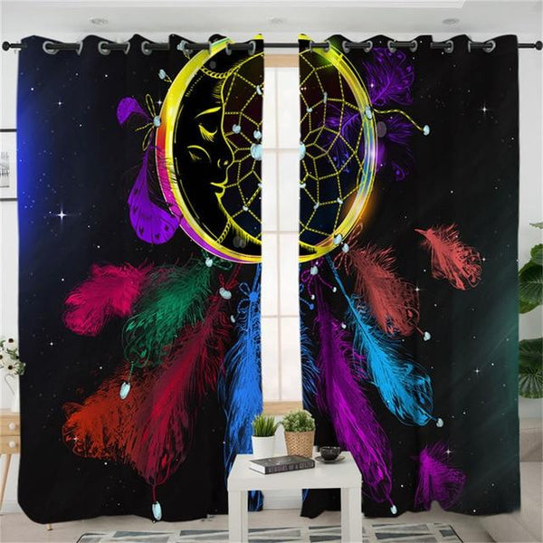 Dreamcatcher Colorful Feathers Black Native American Design Window Living Room Curtain