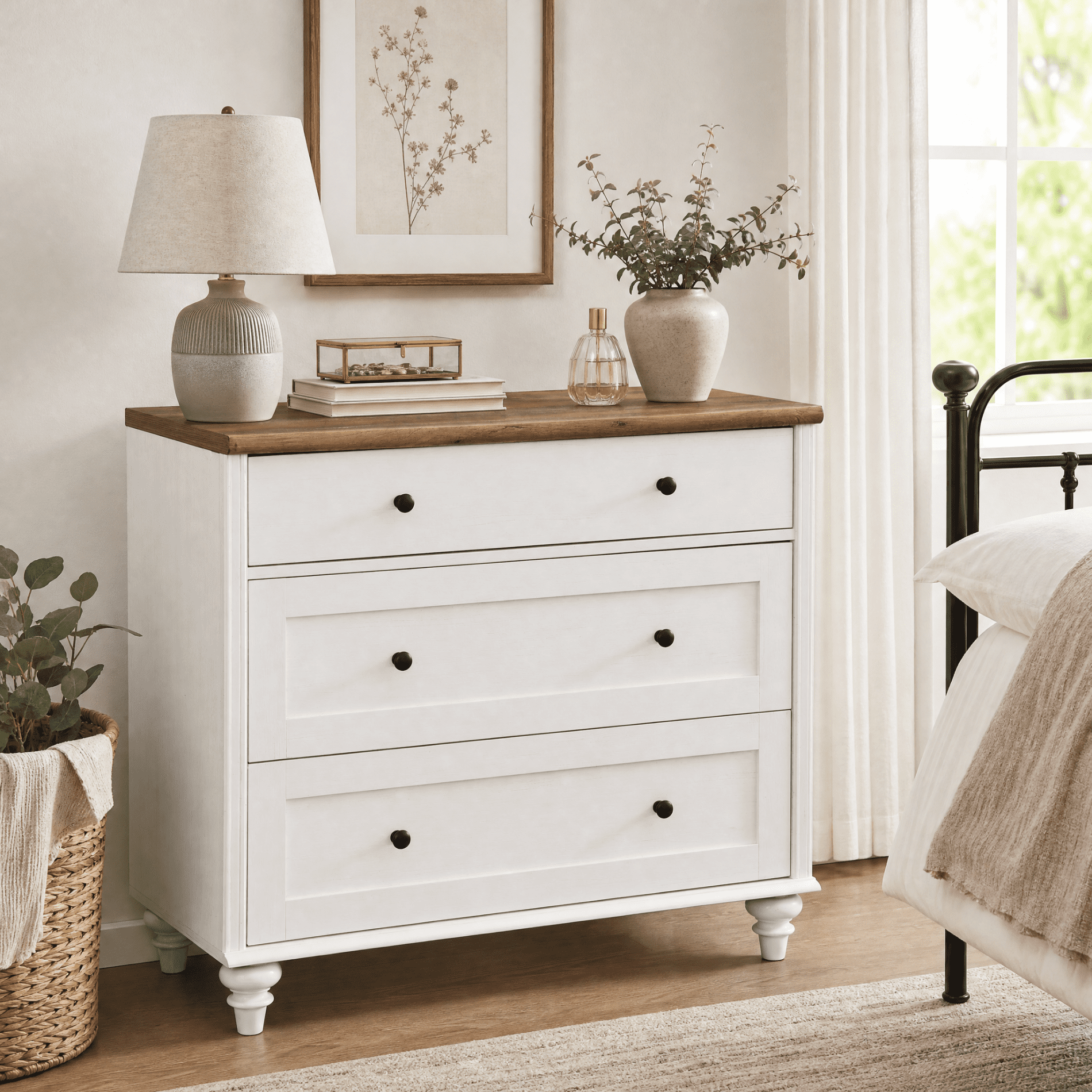 Dresser Cabinet with 3 Drawers, Mid-Century Modern Wooden Bedroom Closet Storage Organizer, Farmhouse Small Dressers Suitable for Living Room, Nursery, and Hallway, White, 34 inch