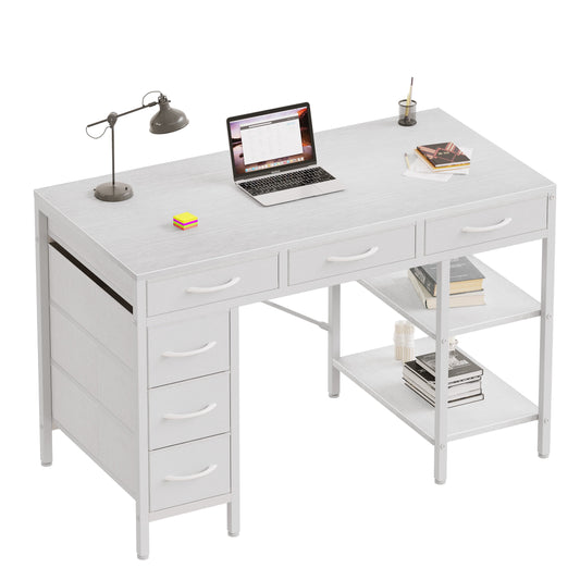 EDX 47 Inch Computer Desk with Fabric Drawers & Storage Shelves,Small Home Office Desk Study Table for Home office Bedroom,White