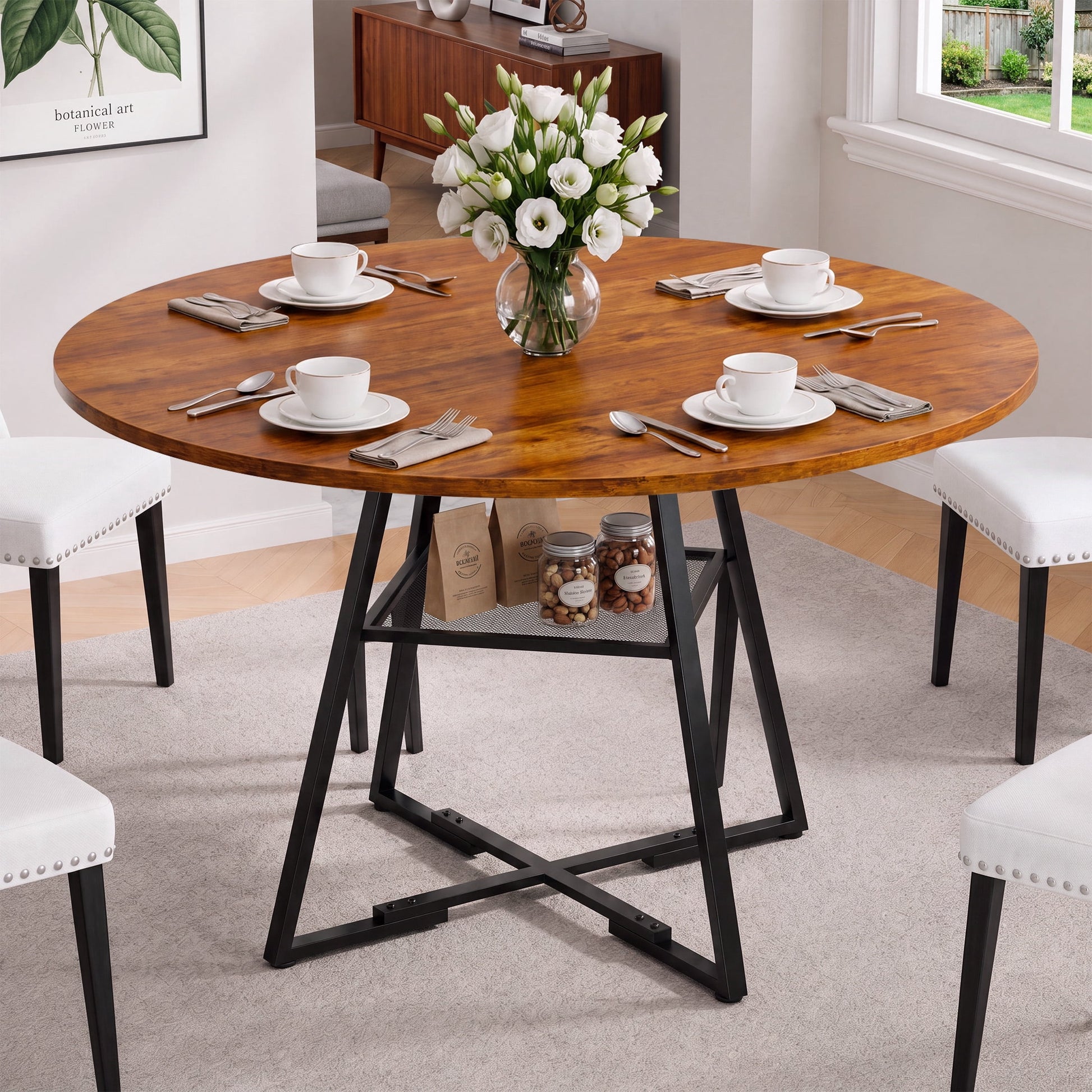 EDX 47In Round Dining Table for 4-6, Circle Kitchen Table with Pedestal Metal Frame Storage, Space Saving Farmhouse Wood Kitchen Table, for Kitchen, Living Room, Rustic Brown