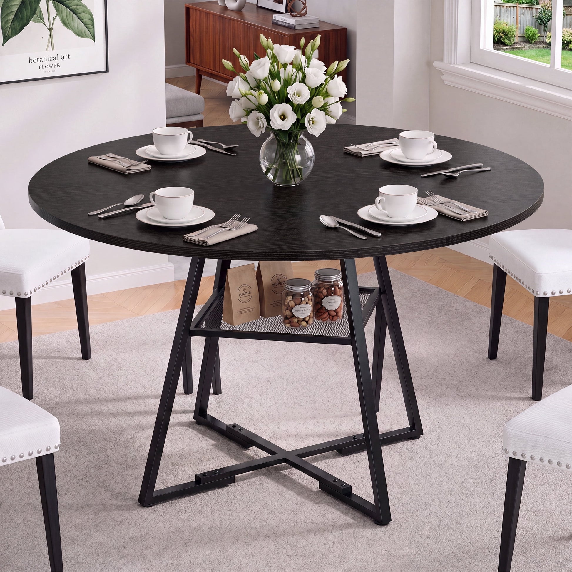 EDX 47In Round Dining Table for 4-6, Circle Kitchen Table with Pedestal Metal Frame Storage, Space Saving Farmhouse Wood Kitchen Table, for Kitchen, Living Room, Black