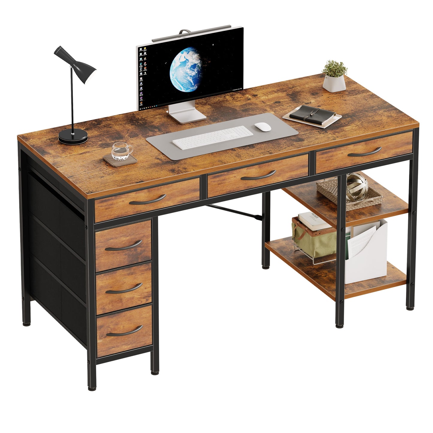 EDX 55 Inch Computer Desk with Fabric Drawers & Storage Shelves,Small Home Office Desk Study Table for Home office Bedroom,Rust