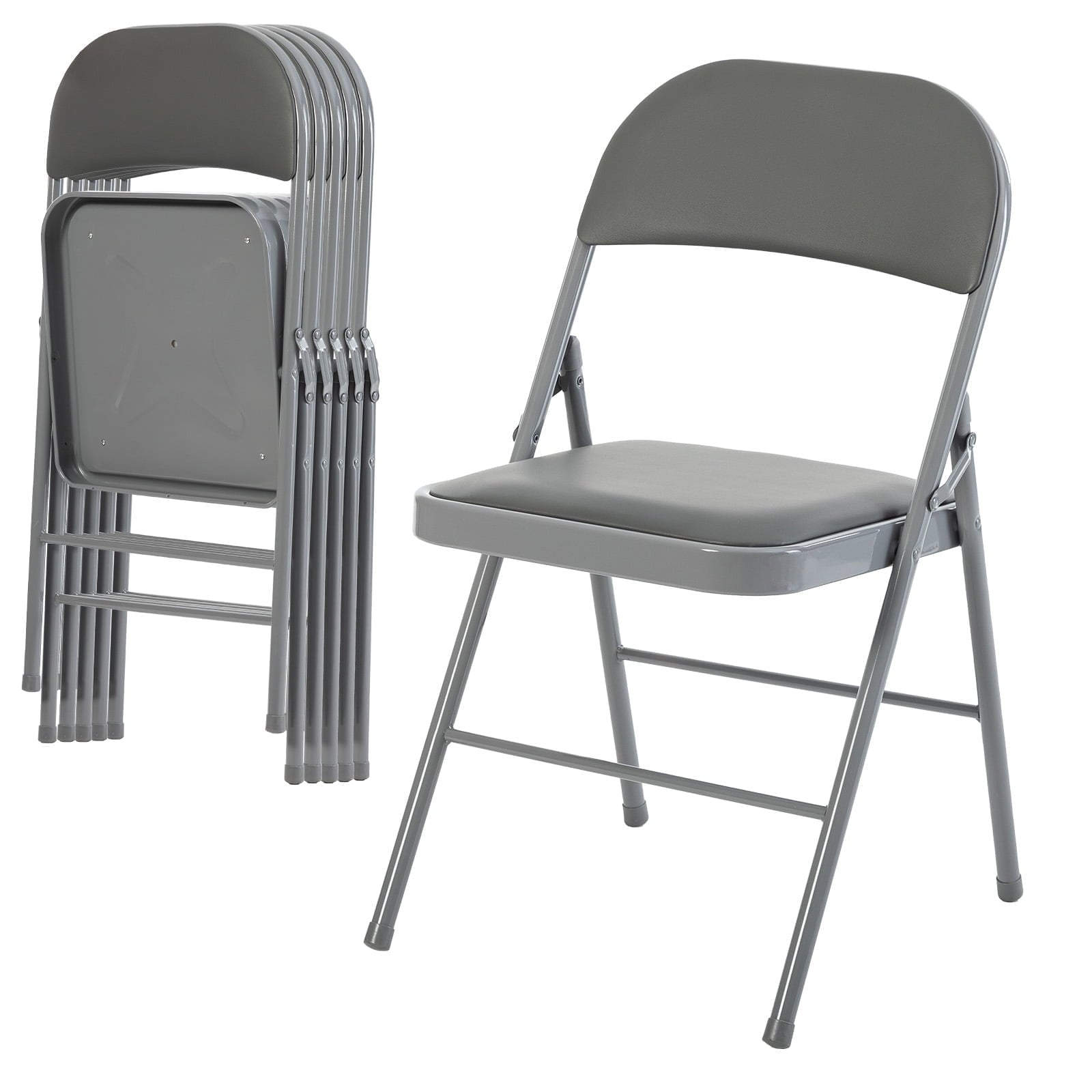 EDX 6 Pack Folding Chairs, Fabric Dining Chair Set with Padded Cushion and Back, Indoor Outdoor Seat for Home Office Events Wedding Party, PU Leather, Gray