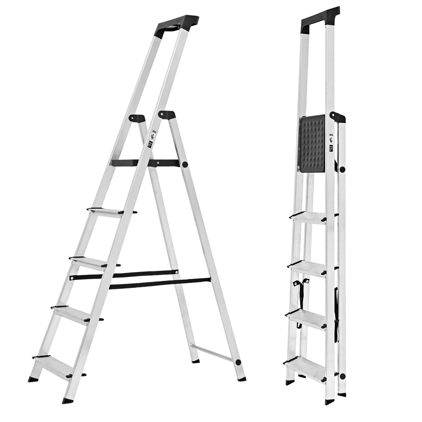 edx 5-Step Aluminum Folding Step Ladder, 330 lb Capacity â€“ Non-Slip Steps, Safety Rail, Steel Platform, Tool Tray, Slim Fold for Home & Garage, Silver