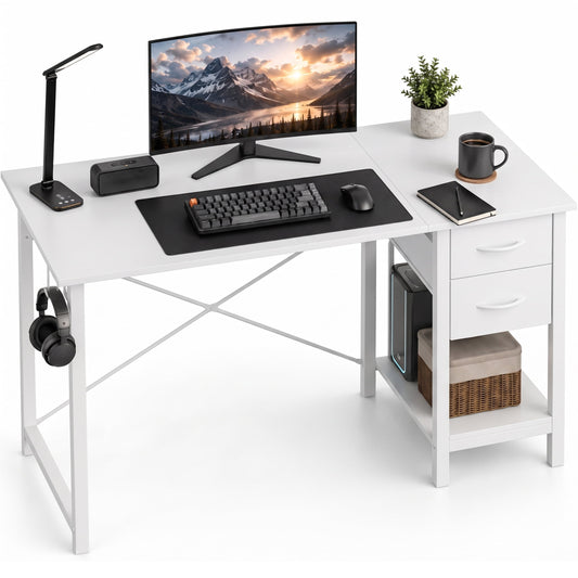 edx 47â€ Home Office Computer Desk with 2 Fabric Drawers, Storage Shelf, X-Frame Support, Spacious Computer Workstation Writing and Study Desk,White