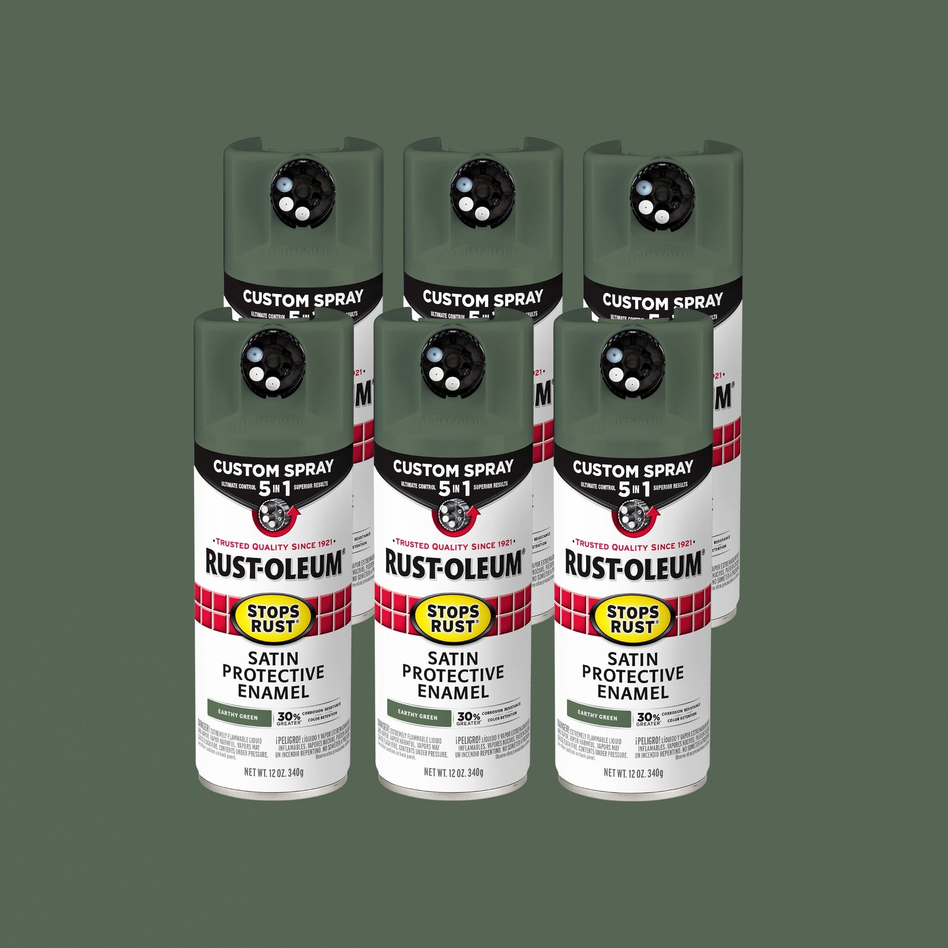 6 Pack, Earthy Green, Rust-Oleum Stops Rust Custom Spray 5 in 1 Satin Spray Paint-383421, 12 oz