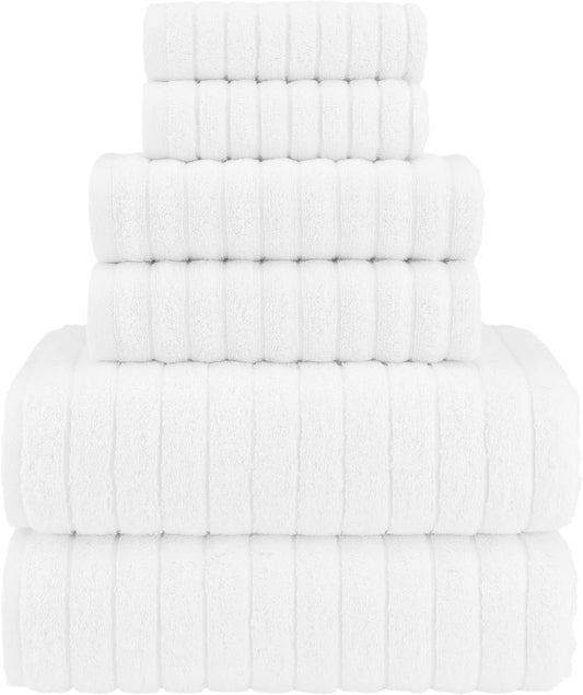Elegant Comfort 100% Turkish Cotton Corduroy Ribbed Luxury Bath Towels 6-Piece Set, Premium Feel - Quick Dry, Highly Absorbent, Contains 2 Bath Towels, 2 Hand Towels, and 2 Washcloths, White