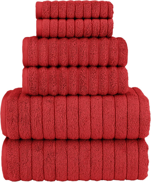 Elegant Comfort 100% Turkish Cotton Corduroy Ribbed Luxury Bath Towels 6-Piece Set, Premium Feel - Quick Dry, Highly Absorbent, Contains 2 Bath Towels, 2 Hand Towels, and 2 Washcloths, Red
