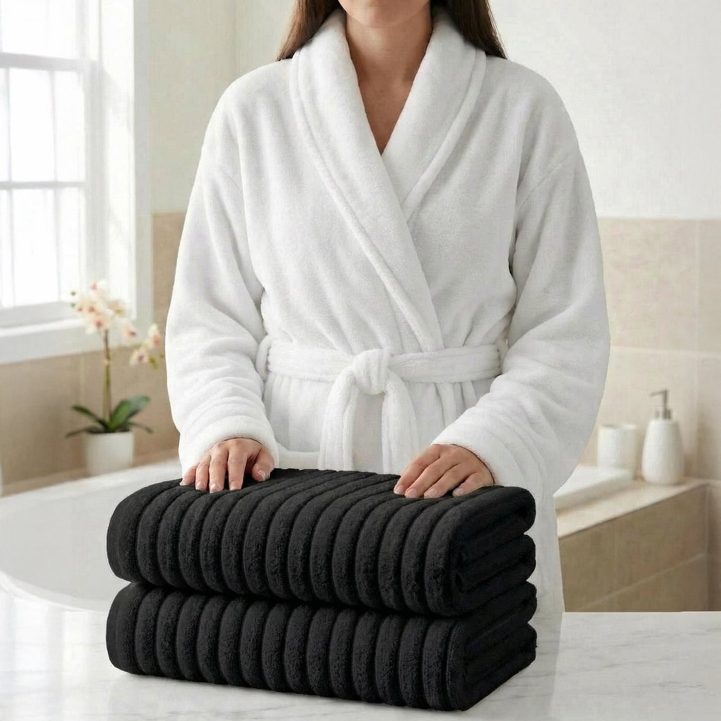 Elegant Comfort 3-Piece Spa Bath Set â€“ Plush Bathrobe & 2 Ribbed Bath Towels, Thick Absorbent Hotel Quality Bathroom Essentials, Black Bath Towel, White Robe ,Large