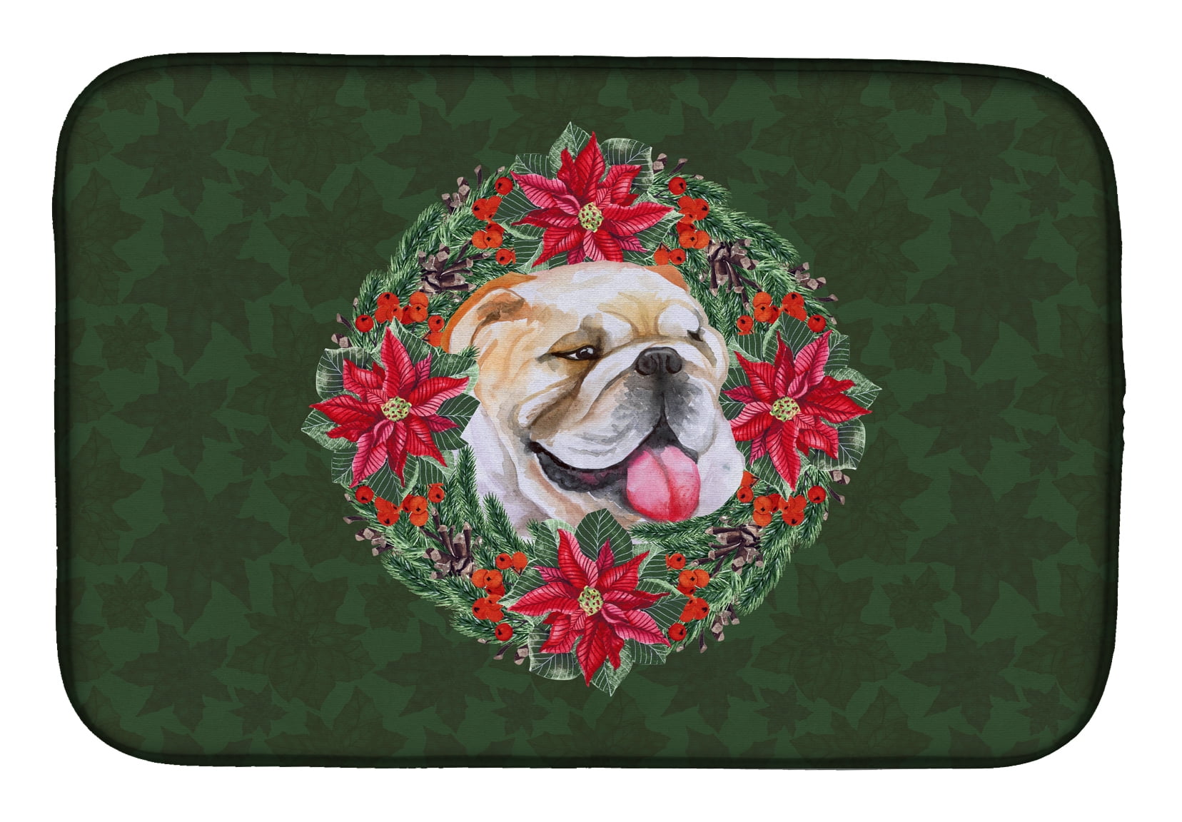 English Bulldog Poinsetta Wreath Dish Drying Mat