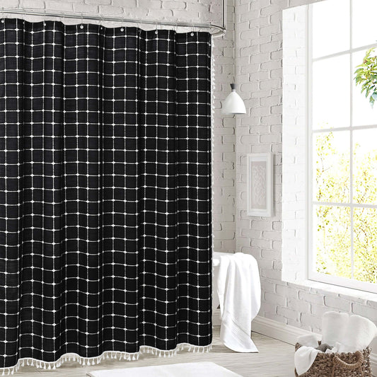 EvJk 1PC Modern Waterproof Plaid Shower Curtains with Tassel for Bathroom, 72" x 72", Black