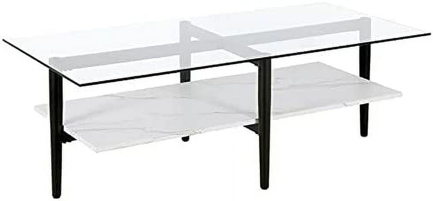 Evelyn&Zoe Otto 47" Wide Rectangular Coffee Table with Faux Marble Shelf, Blackened Bronze/Faux Marble
