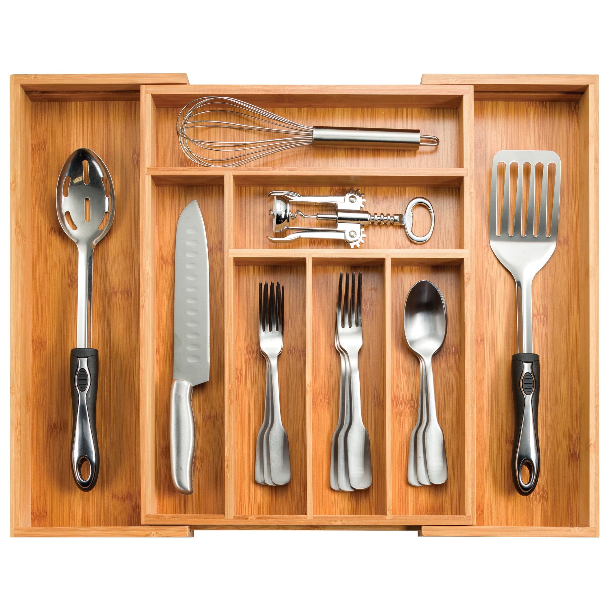 Expandable Bamboo Utensil Drawer Organizer, 17" Long, Adjustable 13"â€“22.2" Wide, 2" Deep, Up to 8 Compartments for Cutlery, Flatware & Kitchen Tools