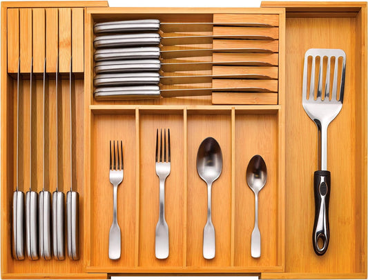 Expandable Silverware Organizer - Bamboo Kitchen Drawer Organizer, Utensil Holder - Drawer Organization and Storage in Kitchen, Bathroom or Bedroom