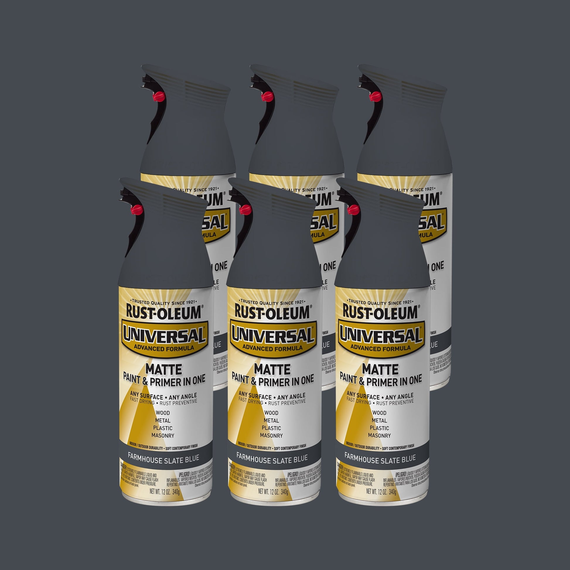 6 Pack, Farmhouse Slate Blue, Rust-Oleum Universal All Surface Interior/Exterior Matte Spray Paint-376723, 11 oz