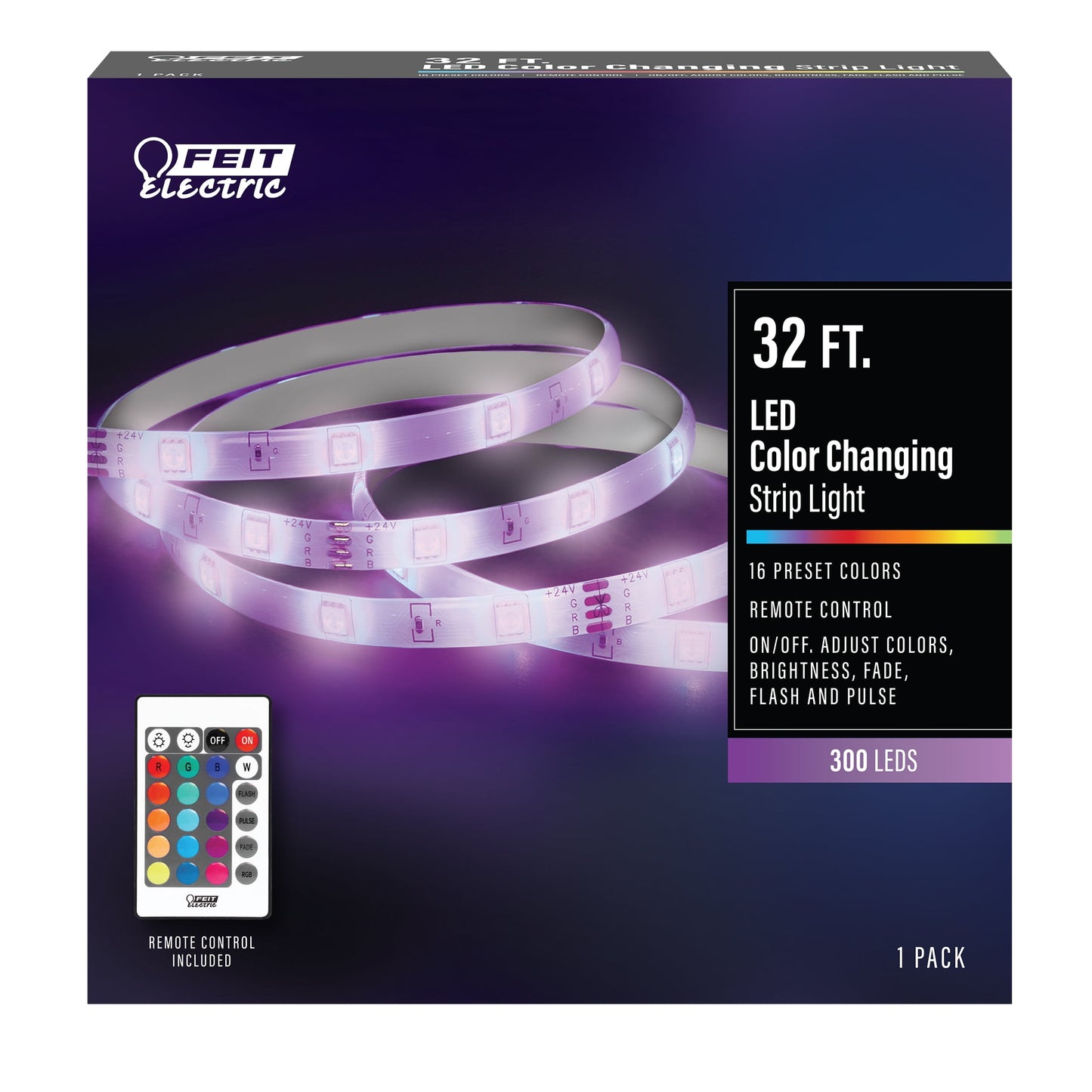 Feit Electric 32' Indoor/Covered Patio Color Changing LED Strip Light with Remote, RGB LED Plug-in