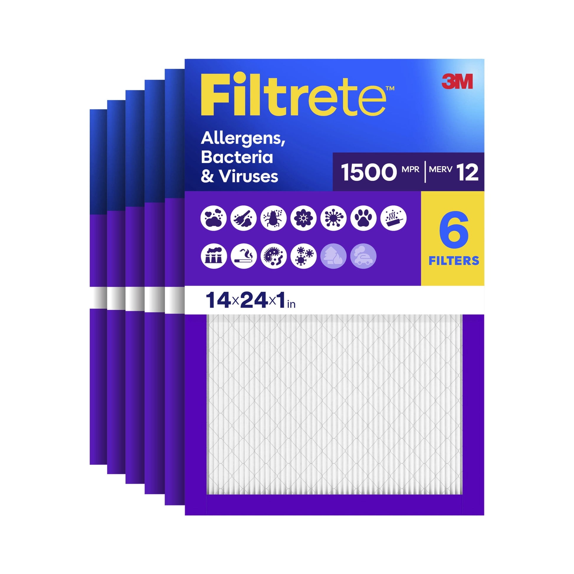 Filtrete 14x24x1 HVAC Furnace Air Filter, MPR 1500 MERV 12, Advanced Allergen Reduction, 6 Pack