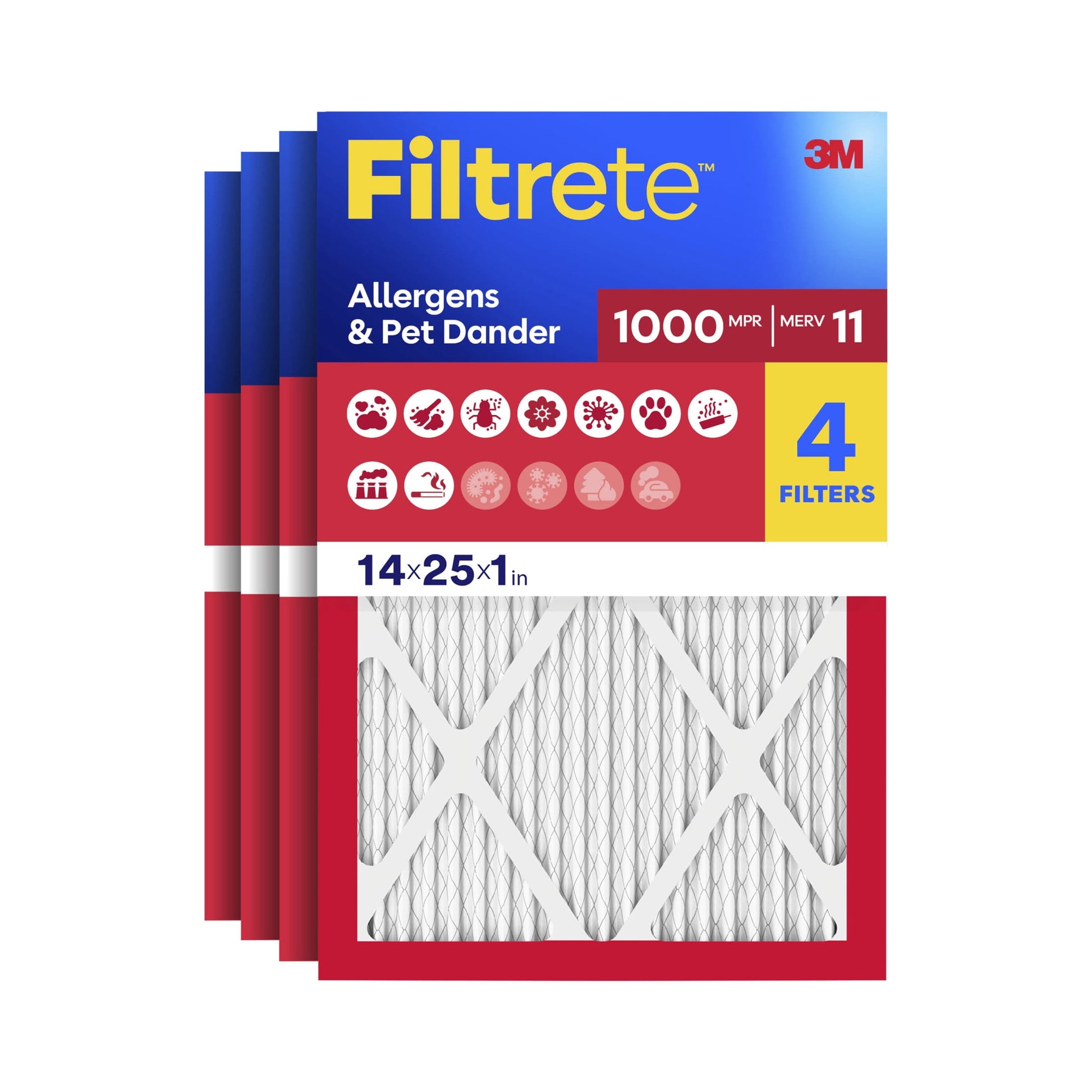 Filtrete 14x25x1 HVAC Furnace Air Filter, MPR 1000 MERV 11, Allergens & Pet Dander, 4 Pack