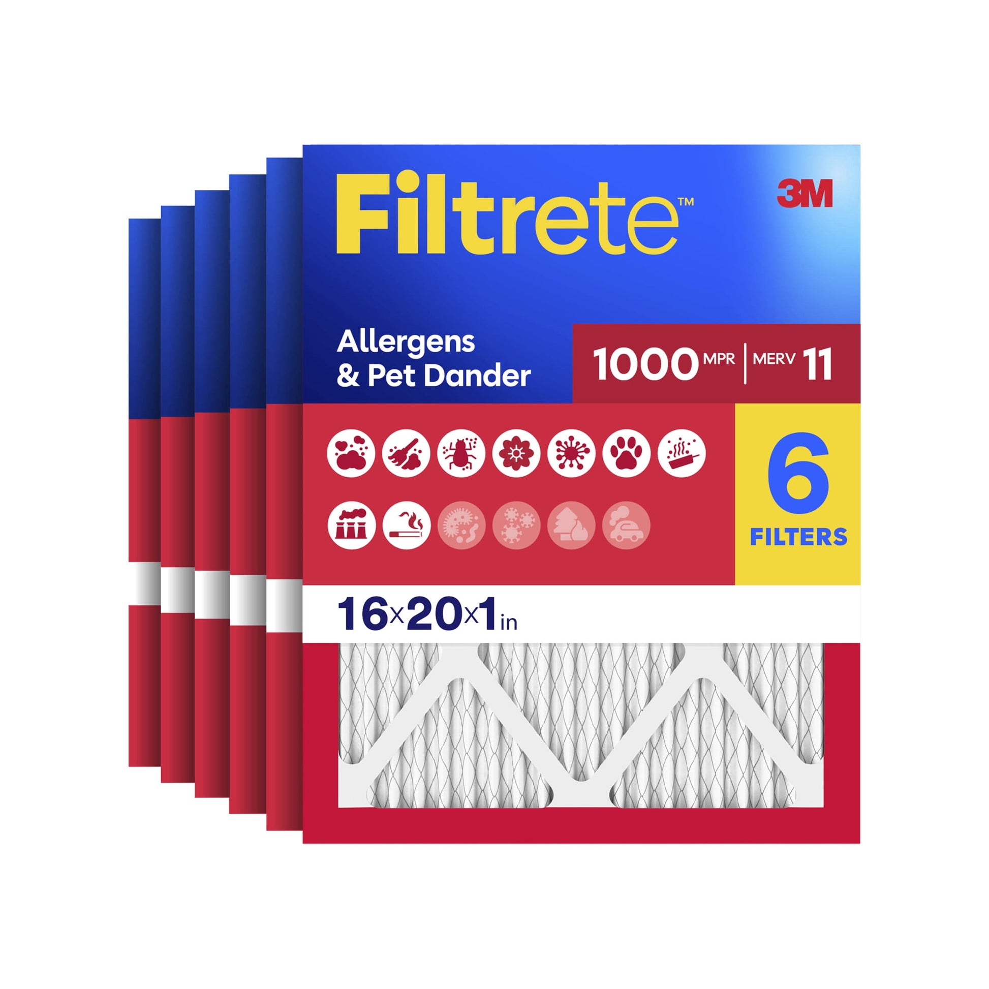 Filtrete 16x20x1 HVAC Furnace Air Filter, MPR 1000 MERV 11, Allergens & Pet Dander, 6 Pack