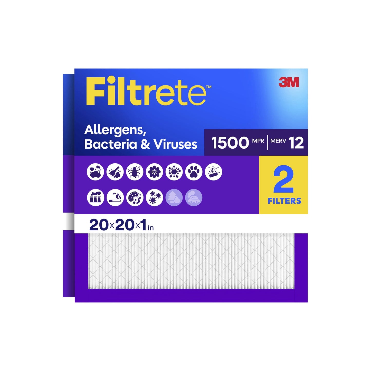 Filtrete 20x20x1 HVAC Furnace Air Filter, MPR 1500 MERV 12, Allergens, Bacteria & Viruses, 2 Pack