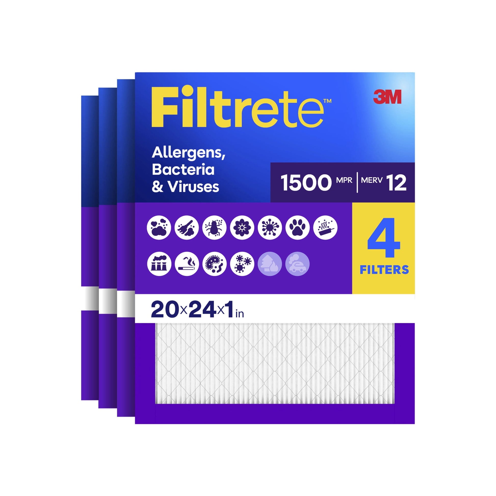 Filtrete 20x24x1 HVAC Furnace Air Filter, MPR 1500 MERV 12, Allergens, Bacteria & Viruses, 4 Pack