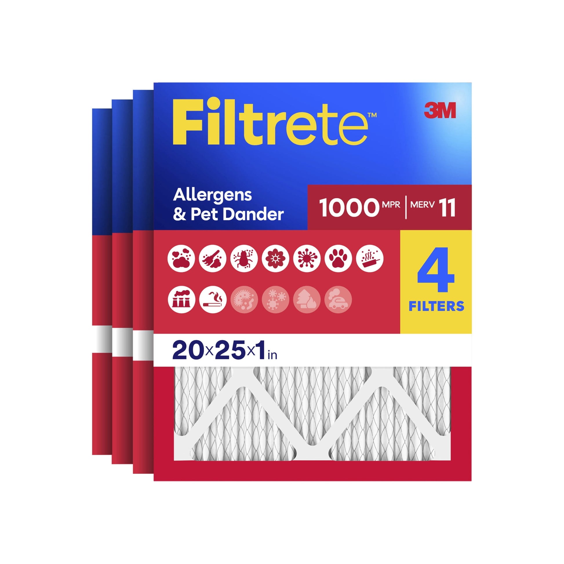 Filtrete 20x25x1 Air Filter, MERV 11, MPR 1000, Allergens & Pet Dander, 3-Month AC and Furnace Filters, Cleaner Air, Reliable Airflow, 2 HVAC Filters (Actual Size 19.68 x 24.68 x 0.81 in)