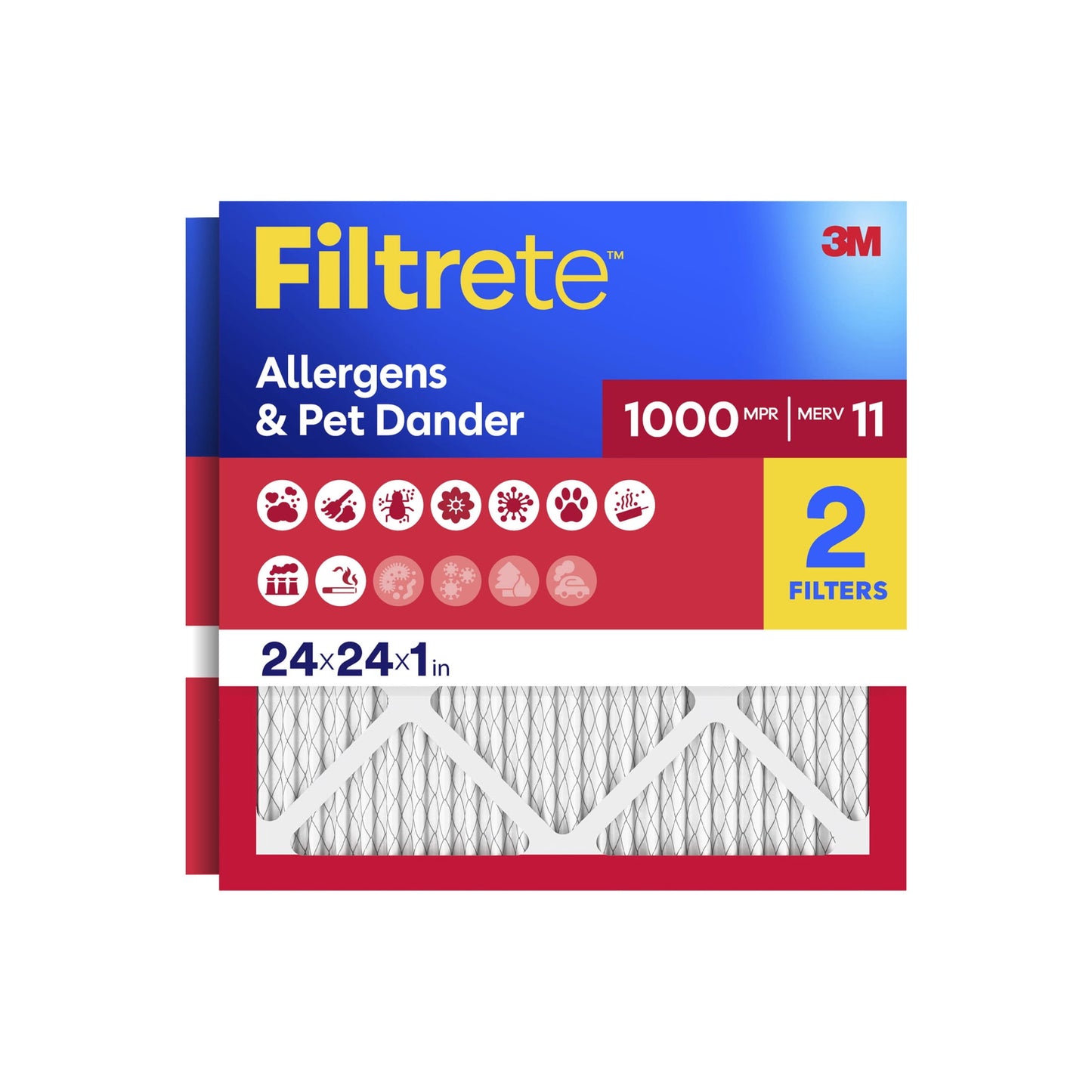 Filtrete 24x24x1 HVAC Furnace Air Filter, MPR 1000 MERV 11, Allergens & Pet Dander, 2 Pack