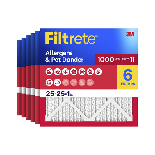 Filtrete 25x25x1 HVAC Furnace Air Filter, MPR 1000 MERV 11, Allergens & Pet Dander, 6 Pack