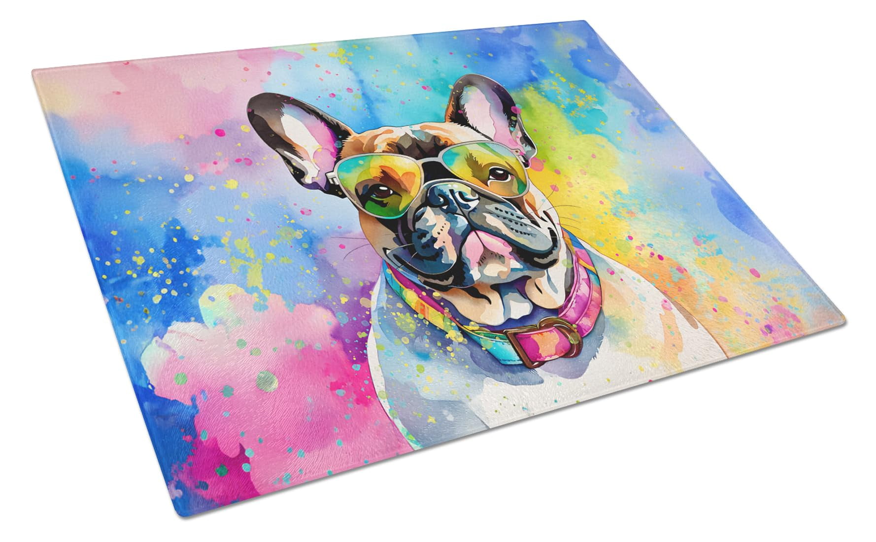 French Bulldog Hippie Dawg Glass Cutting Board Large 12 in x 15 in