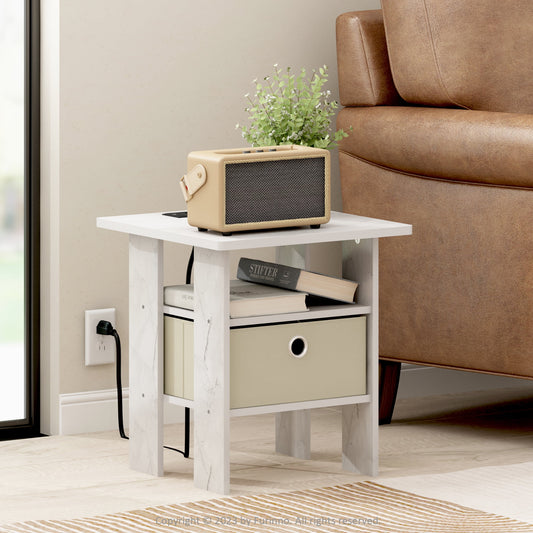 Furinno Andrey USB and Type-C Port Charging Station End Table with Storage Bin, Marble White/Ivory