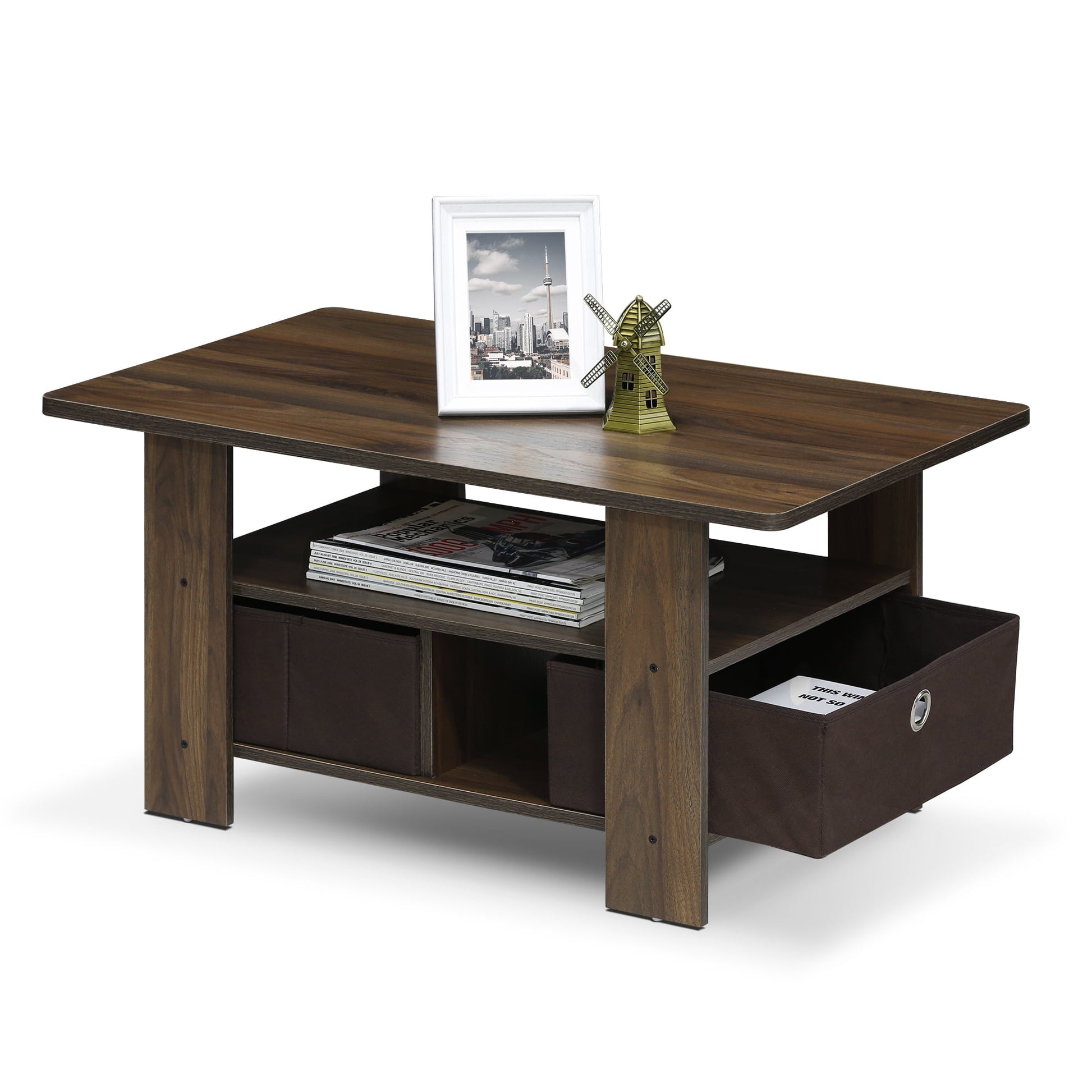 Furinno ANDREY Wood Coffee Table with Bin Drawer in Columbia Walnut/Dark Brown