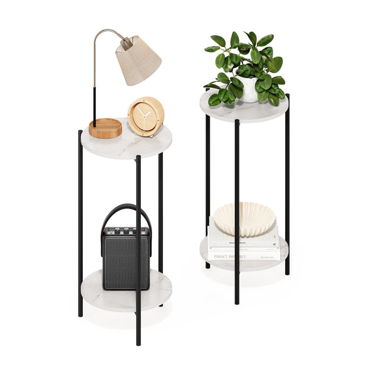 Furinno Besi 2-Tier Modern Tall Round Side End Table with Sturdy Metal Legs, Marble White, Set of 2